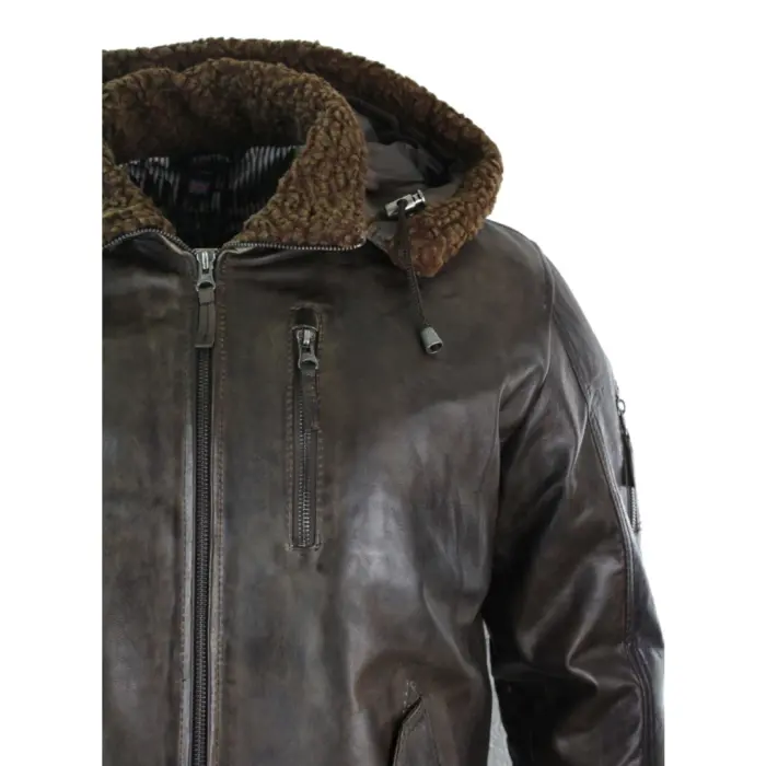 Mens Real Leather Hood Fur Jacket Bomber Aviator Tan Brown Retro - Image 9
