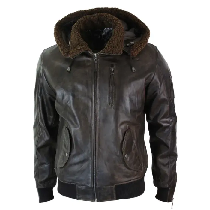 Mens Real Leather Hood Fur Jacket Bomber Aviator Tan Brown Retro - Image 7