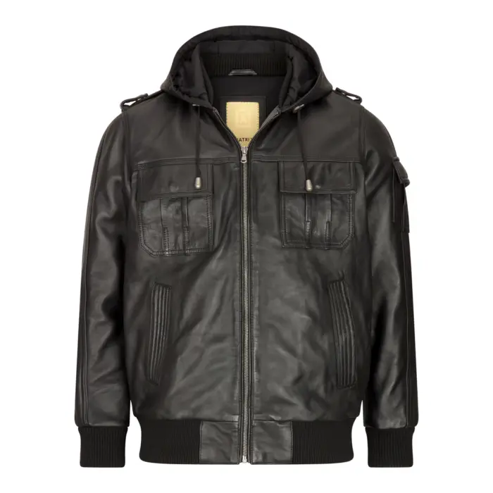 Mens Slim Fit Black Hooded Real Leather Jacket - Image 1