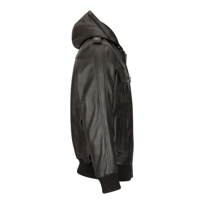 Mens Slim Fit Black Hooded Real Leather Jacket - Image 3