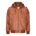 Mens Real Leather Hood Bomber Jacket Tan Timber Brown Washed Vintage Quilted