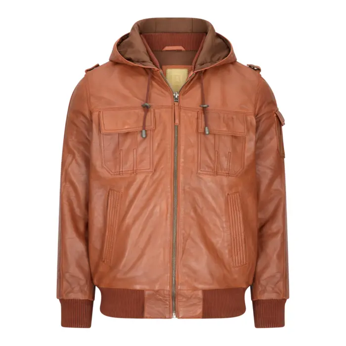Mens Real Leather Hood Bomber Jacket Tan Timber Brown Washed Vintage Quilted - Image 1