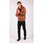 Mens Real Leather Hood Bomber Jacket Tan Timber Brown Washed Vintage Quilted - Image 2