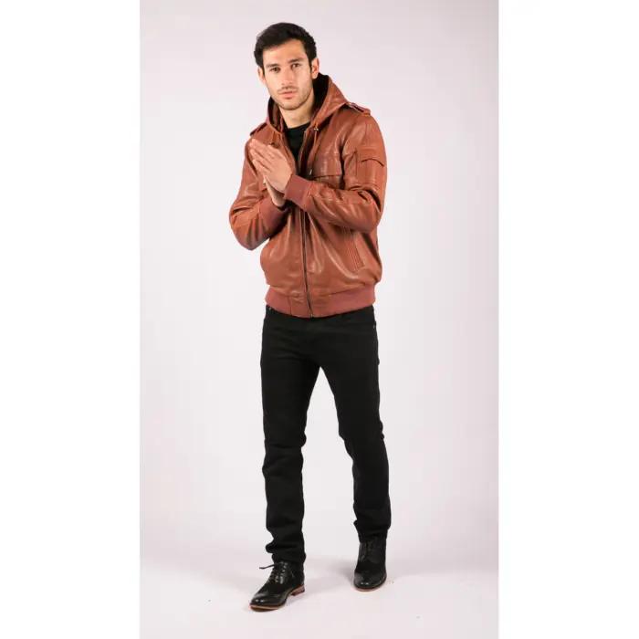 Mens Real Leather Hood Bomber Jacket Tan Timber Brown Washed Vintage Quilted - Image 2
