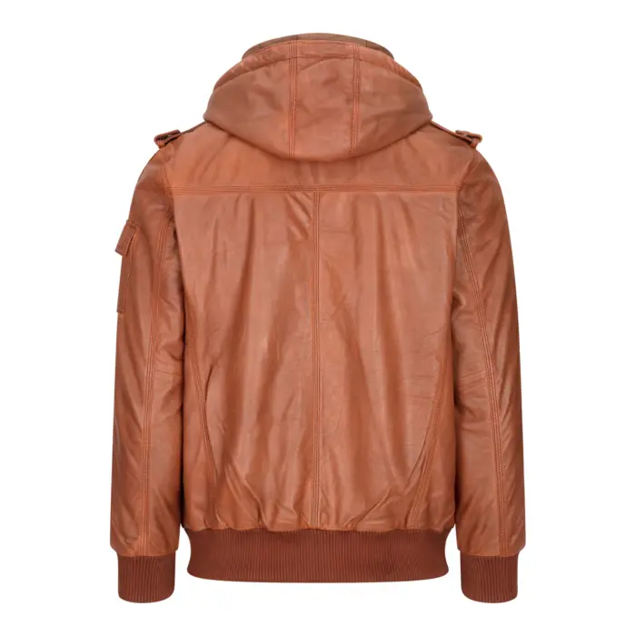 Mens Real Leather Hood Bomber Jacket Tan Timber Brown Washed Vintage Quilted - Image 5