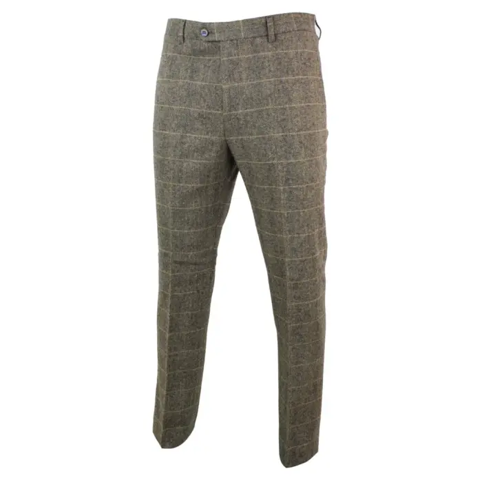 Mens Herringbone Brown Tweed Vintage Retro Check Wool Trousers Blinders Classic - Image 2