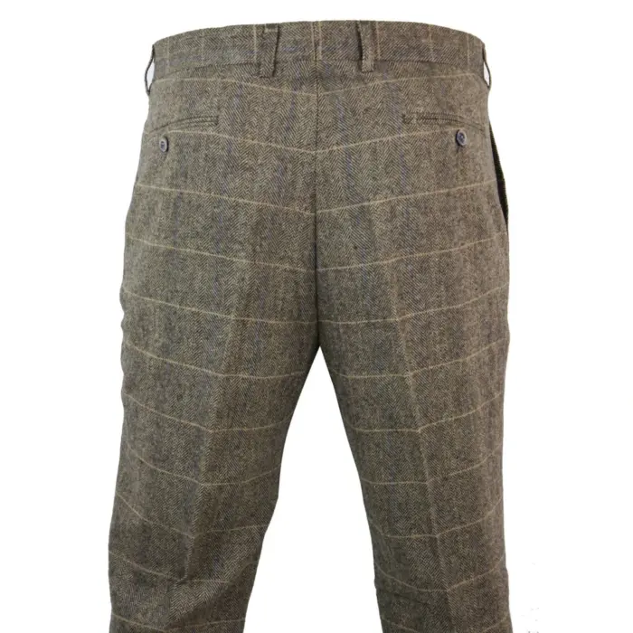 Mens Herringbone Brown Tweed Vintage Retro Check Wool Trousers Blinders Classic - Image 4
