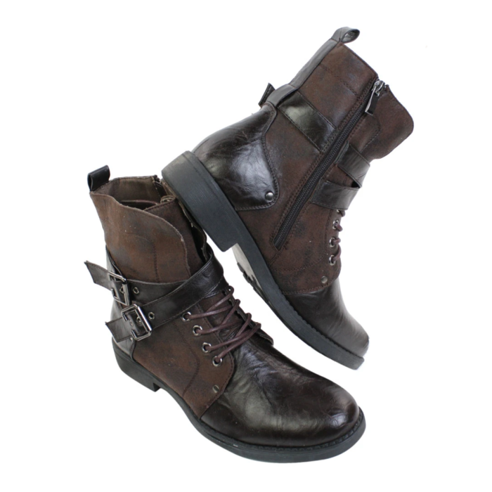 Mens Punk Rock Goth Elmo Ankle Boots Brown Black Leather Buckle - Image 5