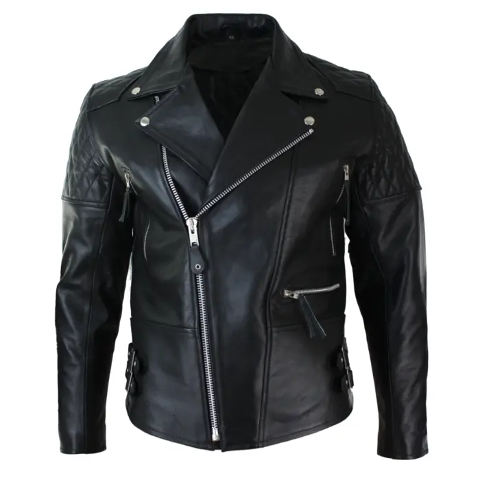 Mens Cross Zip Cow Hide Padded Biker Jacket White Black Brando Vintage - Image 1