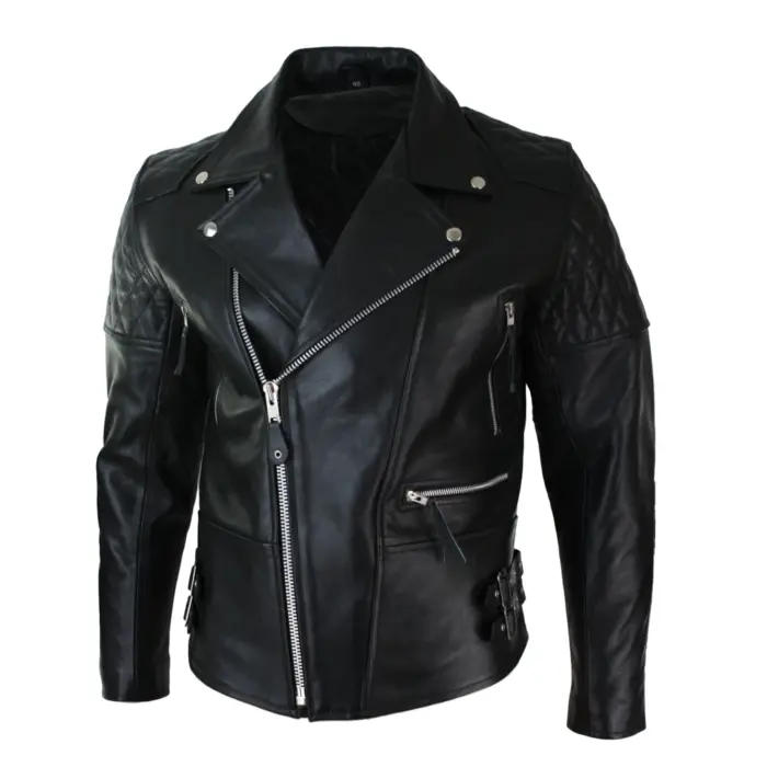 Mens Cross Zip Cow Hide Padded Biker Jacket White Black Brando Vintage - Image 2