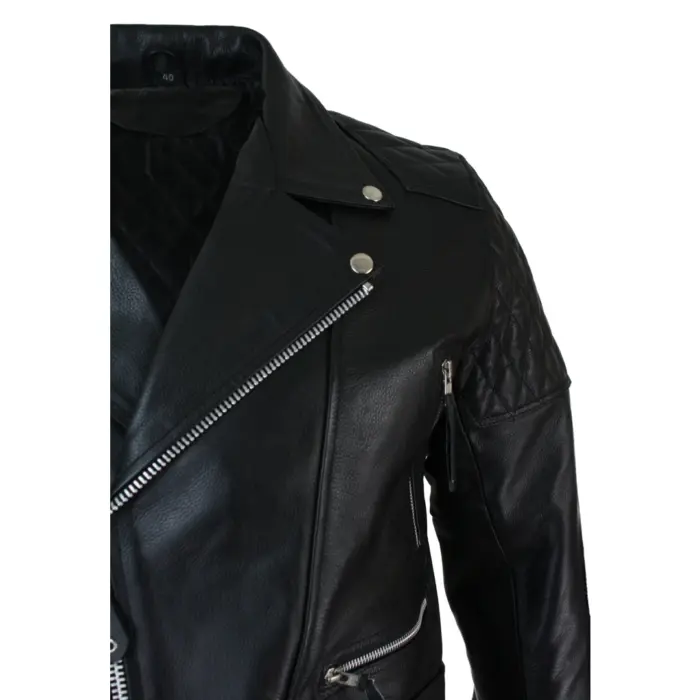 Mens Cross Zip Cow Hide Padded Biker Jacket White Black Brando Vintage - Image 3