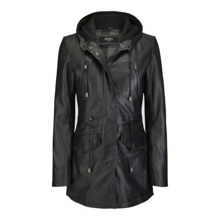 Womens Real Leather Peacoat Hooded Parka Jacket Navy Blue Brown Tailored Fit 3/4 Long - Image 1