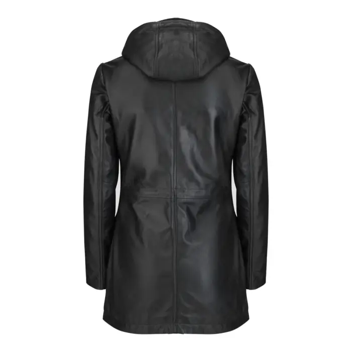 Womens Real Leather Peacoat Hooded Parka Jacket Navy Blue Brown Tailored Fit 3/4 Long - Image 3