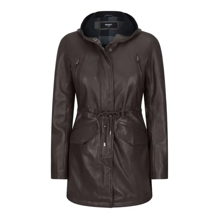Womens Real Leather Peacoat Hooded Parka Jacket Navy Blue Brown Tailored Fit 3/4 Long - Image 4