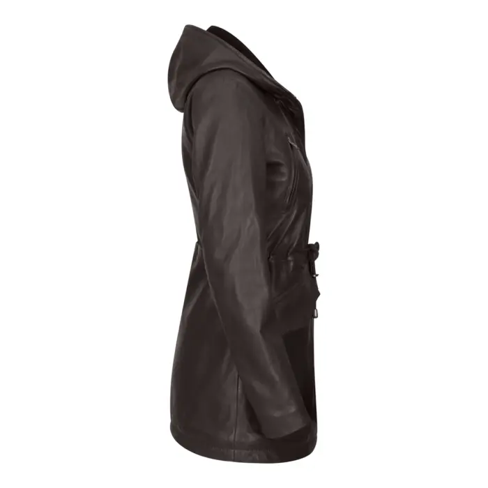 Womens Real Leather Peacoat Hooded Parka Jacket Navy Blue Brown Tailored Fit 3/4 Long - Image 5