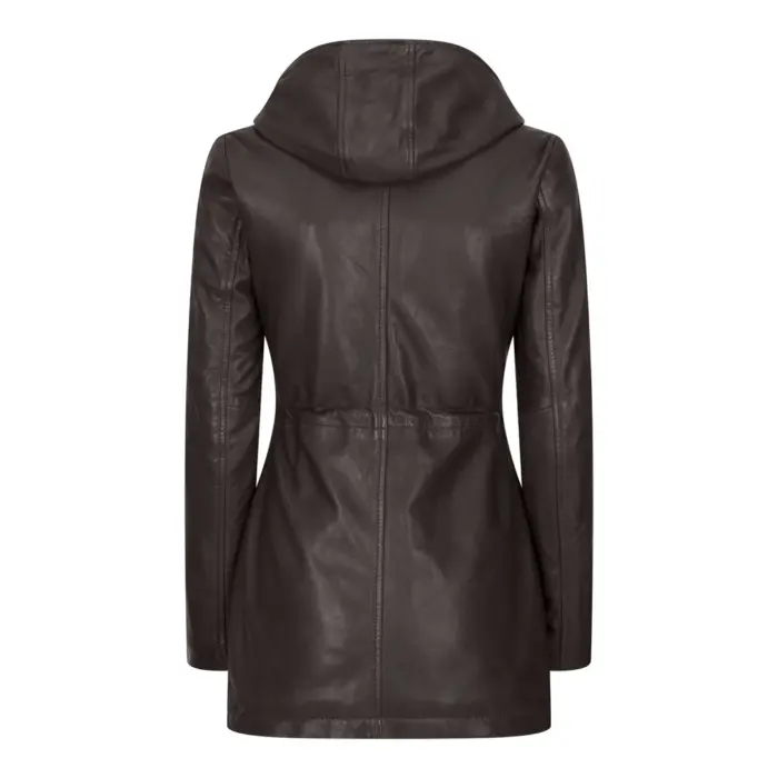 Womens Real Leather Peacoat Hooded Parka Jacket Navy Blue Brown Tailored Fit 3/4 Long - Image 7