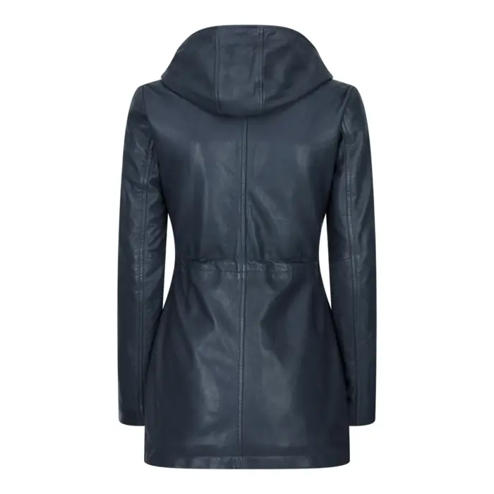 Womens Real Leather Peacoat Hooded Parka Jacket Navy Blue Brown Tailored Fit 3/4 Long - Image 11
