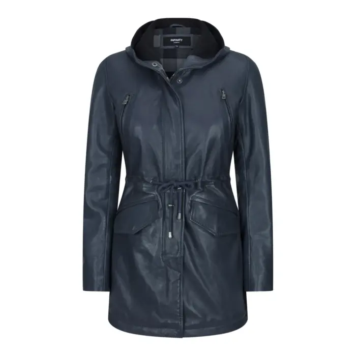 Womens Real Leather Peacoat Hooded Parka Jacket Navy Blue Brown Tailored Fit 3/4 Long - Image 8