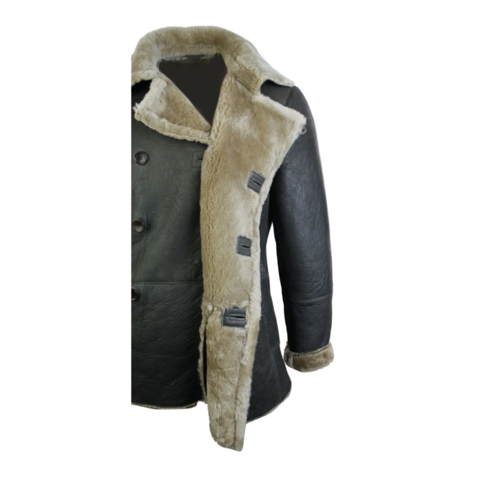 Mens Real Shearling German Navy Sheepskin Double Breasted Jacket Vintage Brown - Image 9