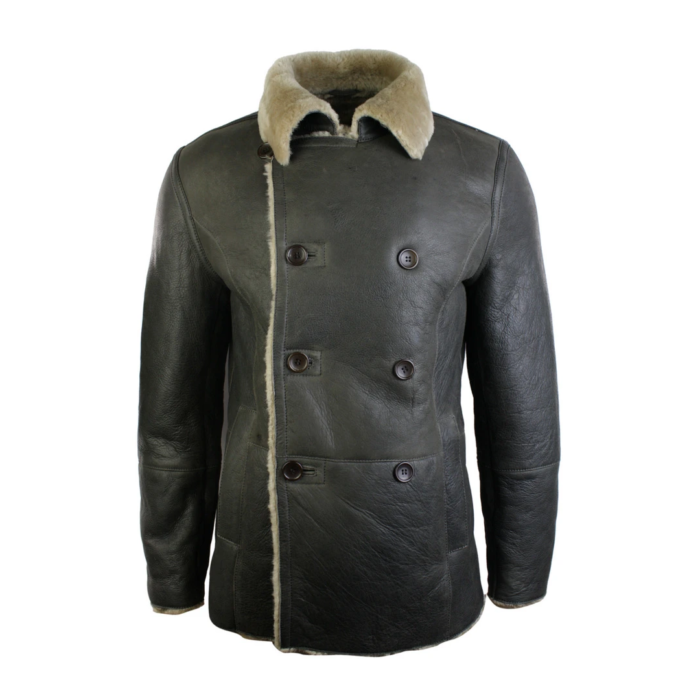 Mens Real Shearling German Navy Sheepskin Double Breasted Jacket Vintage Brown - Image 5