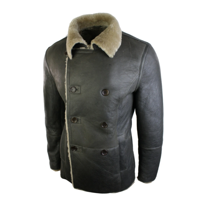 Mens Real Shearling German Navy Sheepskin Double Breasted Jacket Vintage Brown - Image 6
