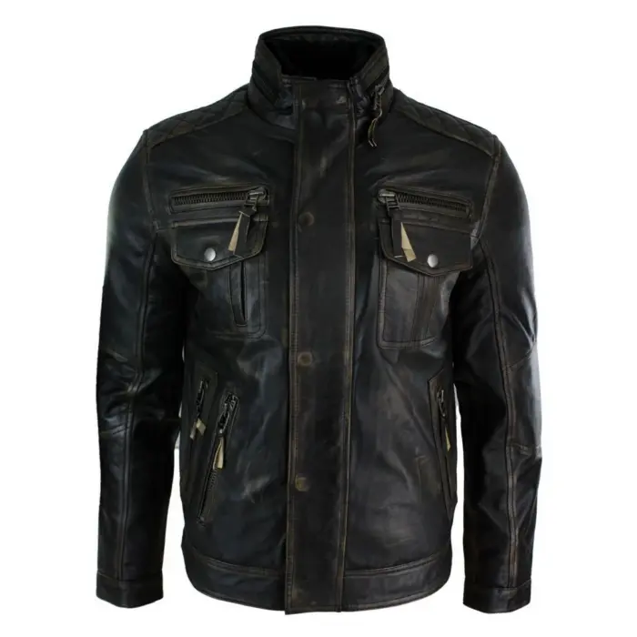 Mens Distressed Ruboff Black Brown Vintage Retro Military Leather Jacket Casual - Image 1