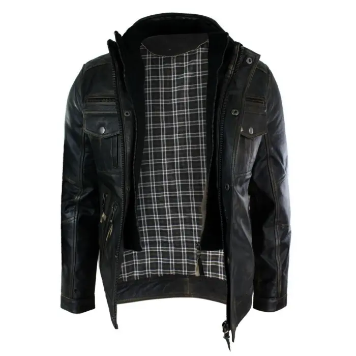 Mens Distressed Ruboff Black Brown Vintage Retro Military Leather Jacket Casual - Image 2