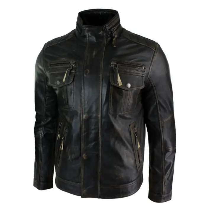 Mens Distressed Ruboff Black Brown Vintage Retro Military Leather Jacket Casual - Image 4