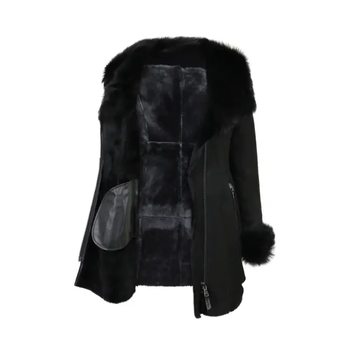 Ladies 3/4 Genuine Sheepskin Coat Black Soft Suede Outer Fitted Merino - Image 2