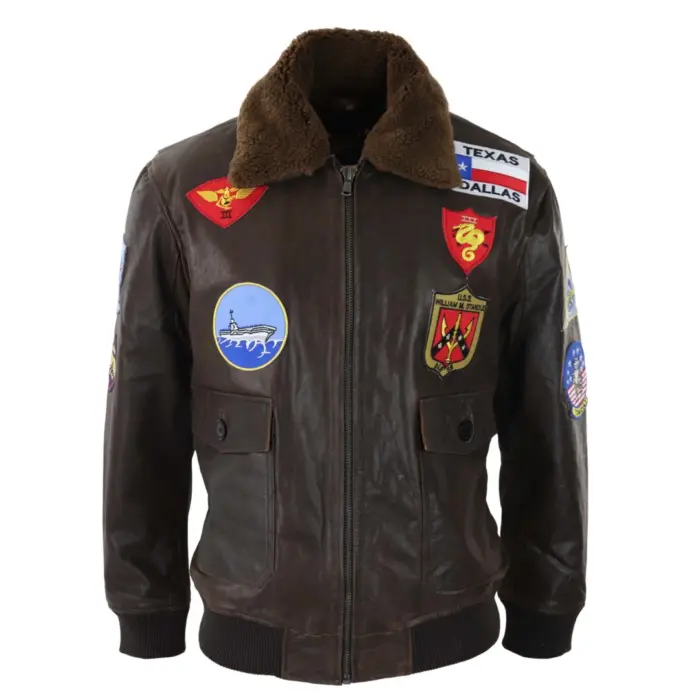 Mens Brown Aviator Top Gun Jacket Vintage Classic Washed Fur Collar Pilot Bomber - Image 1