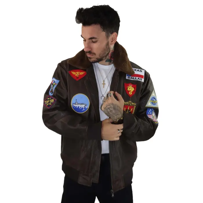 Mens Brown Aviator Top Gun Jacket Vintage Classic Washed Fur Collar Pilot Bomber - Image 2
