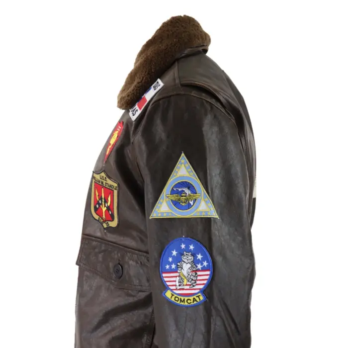Mens Brown Aviator Top Gun Jacket Vintage Classic Washed Fur Collar Pilot Bomber - Image 7