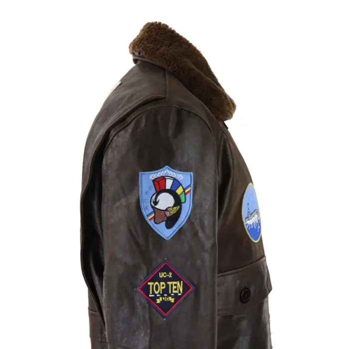 Mens Brown Aviator Top Gun Jacket Vintage Classic Washed Fur Collar Pilot Bomber - Image 6