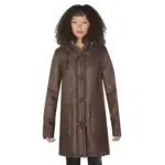 Ladies Luxury 100% Vintage Winter Sheepskin Leather Duffle Jacket Brown Ginger
