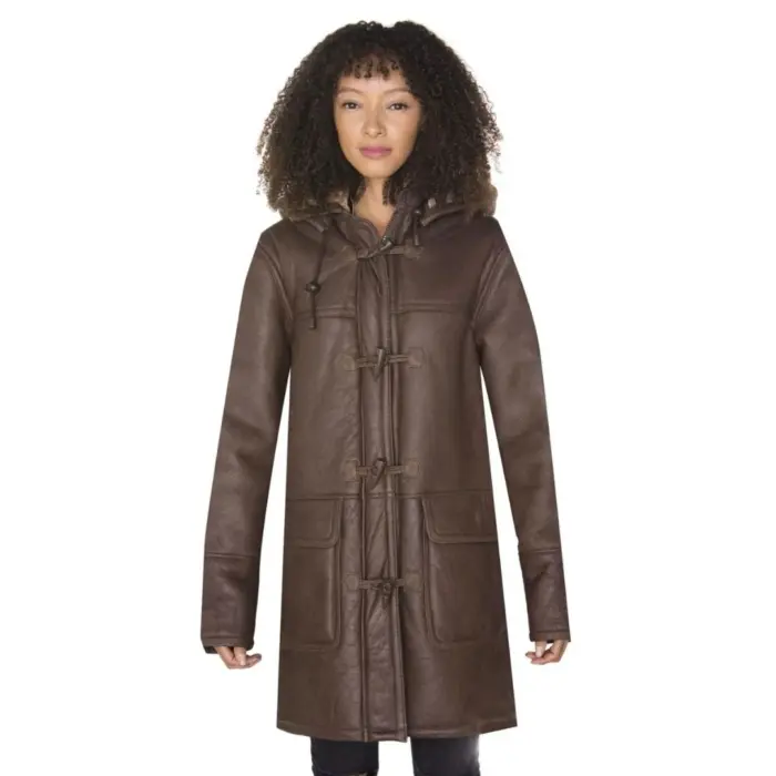 Ladies Luxury 100% Vintage Winter Sheepskin Leather Duffle Jacket Brown Ginger - Image 1
