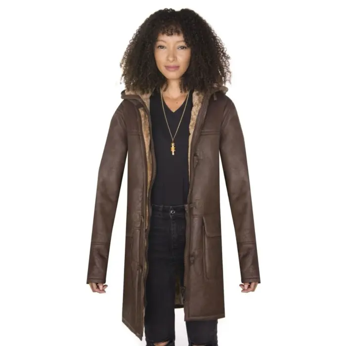 Ladies Luxury 100% Vintage Winter Sheepskin Leather Duffle Jacket Brown Ginger - Image 2