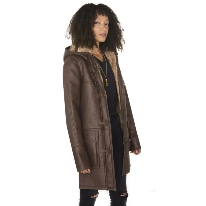 Ladies Luxury 100% Vintage Winter Sheepskin Leather Duffle Jacket Brown Ginger - Image 3