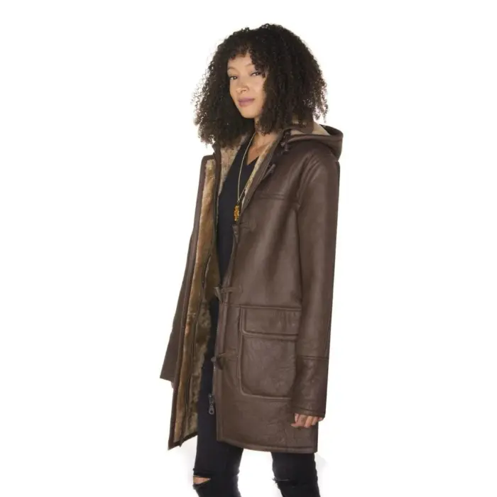 Ladies Luxury 100% Vintage Winter Sheepskin Leather Duffle Jacket Brown Ginger - Image 4