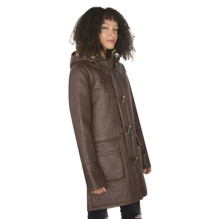 Ladies Luxury 100% Vintage Winter Sheepskin Leather Duffle Jacket Brown Ginger - Image 5