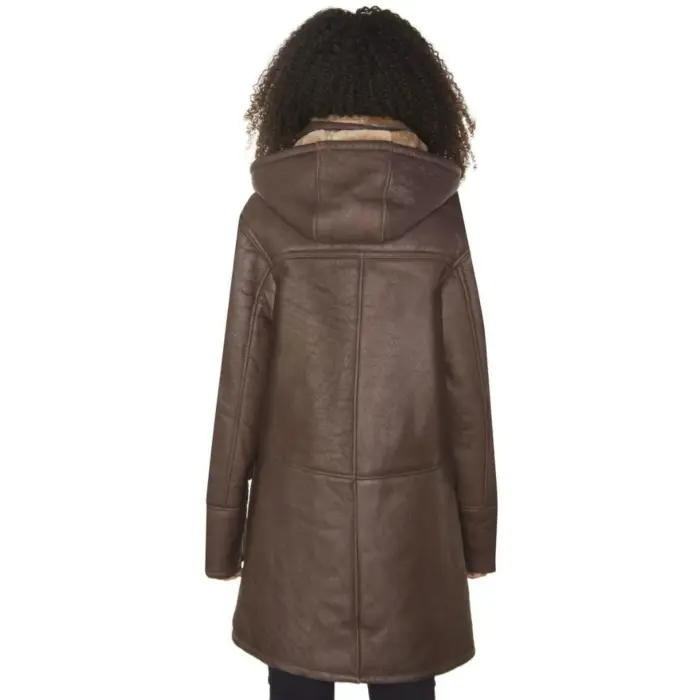 Ladies Luxury 100% Vintage Winter Sheepskin Leather Duffle Jacket Brown Ginger - Image 6