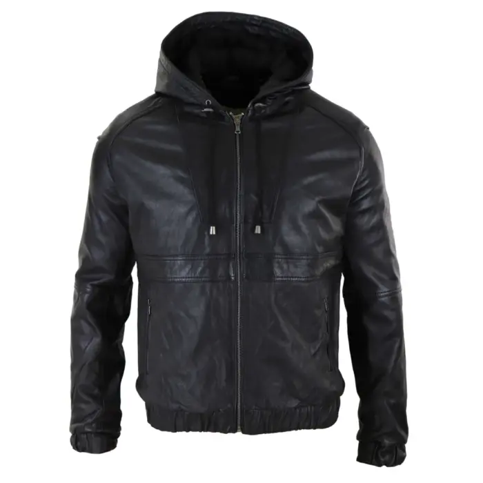 Mens Real Leather Hood Bomber Jacket Tan Brown Black Zipped Tailored Fit Casual - Image 1