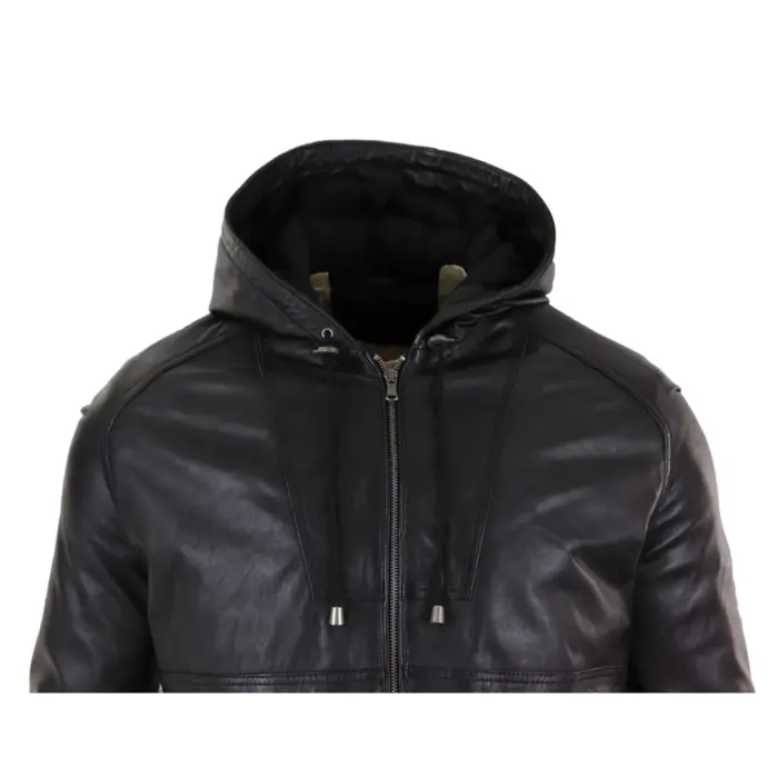 Mens Real Leather Hood Bomber Jacket Tan Brown Black Zipped Tailored Fit Casual - Image 2