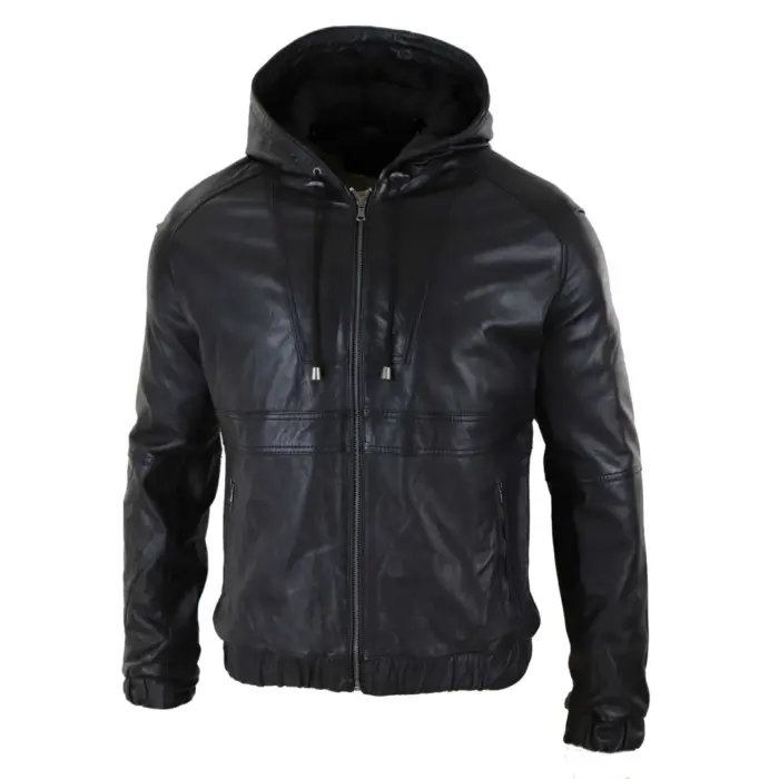 Mens Real Leather Hood Bomber Jacket Tan Brown Black Zipped Tailored Fit Casual - Image 5