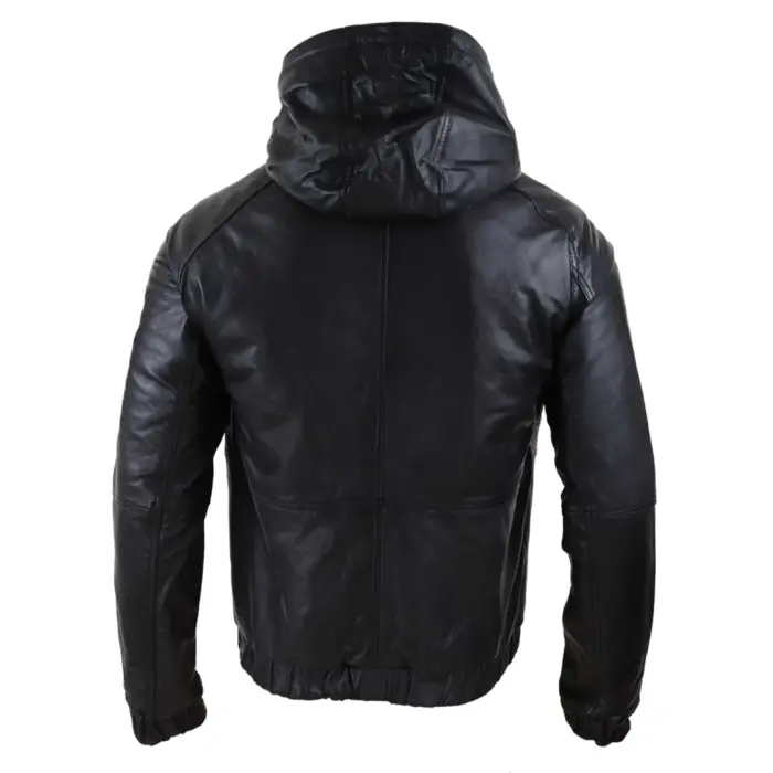 Mens Real Leather Hood Bomber Jacket Tan Brown Black Zipped Tailored Fit Casual - Image 4