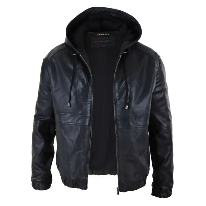 Mens Real Leather Hood Bomber Jacket Tan Brown Black Zipped Tailored Fit Casual - Image 3