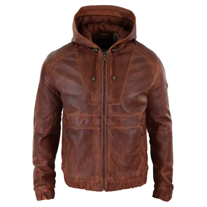 Mens Real Leather Hood Bomber Jacket Tan Brown Black Zipped Tailored Fit Casual - Image 6