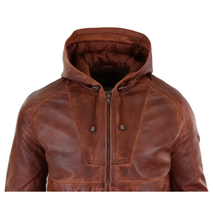 Mens Real Leather Hood Bomber Jacket Tan Brown Black Zipped Tailored Fit Casual - Image 7