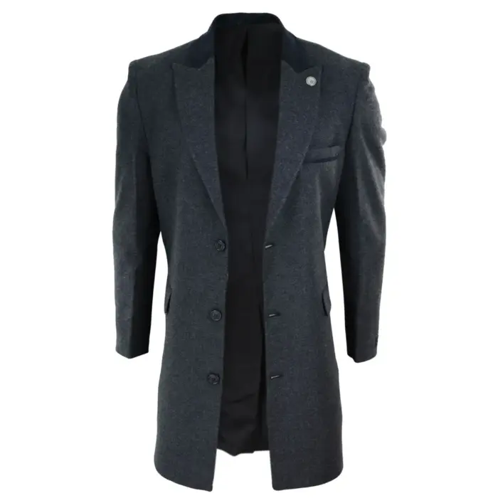 Mens 3/4 Long Overcoat Jacket Herringbone Tweed Coat Peaky Blinders Fit - Image 3