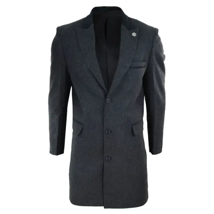 Mens 3/4 Long Overcoat Jacket Herringbone Tweed Coat Peaky Blinders Fit - Image 1