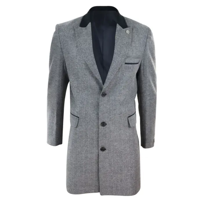Mens 3/4 Long Overcoat Jacket Herringbone Tweed Coat Peaky Blinders Fit - Image 6
